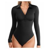 MANGOPOP Henley Bodysuit for Women Button Down Long Sleeve Tops Body Suits Dressy Blouse Casual, Black, Small - Retail: $20