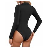MANGOPOP Henley Bodysuit for Women Button Down Long Sleeve Tops Body Suits Dressy Blouse Casual, Black, Small - Retail: $20