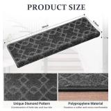 Bullnose Carpet Stair Treads, Stairs Carpet Non Slip 4 Pack, Stair Step Rugs 30\"x9.5\"x1.7\", Soft, Reusable, Peel and Stick Stair Treads for Wooden Steps Indoor (Grey, Diamond Pattern) - Retail: $50