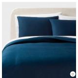Full/Queen Washed Cotton Sateen Duvet Cover and Sham Set Dark Navy - Threshold: 250 Thread Count, OEKO-TEX Certified