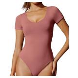 IUGA Bodysuits for Women Tummy Control Short Sleeve V Neck Body Suits for Womens Compression Slimming Thong Bodysuit, Medium