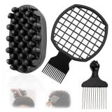 FOWSRHRG 3 Pack Silicone Curling Hair Brush & Metal Afro Pick Hair Comb Set Durable Washable Curl Sponge for Black Men, Natural Hair, Dreadlocks, Coils & 4C Afro HairStyling Tool