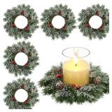 Scawim 6 Pcs Candle Rings Wreaths Bulk, Artificial Candle Rings with Pinecones Red Berries Candle Holder Table Centerpiece Decor for Home Kitchen Cabinet Windows Front Door