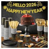 2026 New Years Decorations, 350PCS Black and Gold Party Supplies Disposable Dinnerware Set w/Black Gold Dot Paper Plates Napkins Cups Gold Plastic Fork Knives Spoon for Women Men Birthday Anniversary