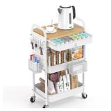 ALVOROG Rolling Cart with Drawer and Wood Table Top, 3 Tier Metal Rolling Utility Cart on Wheels with DIY Pegboards, Hanging Baskets, Hooks for Kitchen, Bedroom, Office, Craft Supplies