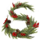 6 Ft Christmas Garland - Real Touch Cedar Garland with Red Berry Clusters Pinecones by 90 Cedar Branches, Realistic Greenery Faux,Christmas Garlands for Mantle Fireplace Table Centerpiece Decor