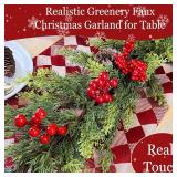 6 Ft Christmas Garland - Real Touch Cedar Garland with Red Berry Clusters Pinecones by 90 Cedar Branches, Realistic Greenery Faux,Christmas Garlands for Mantle Fireplace Table Centerpiece Decor