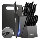 KATISUN 16 Pieces Kitchen Knife Block Set with Cutting Board, German Stainless Steel Knife Set with Sharpener, Dishwasher Safe, Anti-Slip Handle, 6 Steak Knives, Black