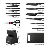KATISUN 16 Pieces Kitchen Knife Block Set with Cutting Board, German Stainless Steel Knife Set with Sharpener, Dishwasher Safe, Anti-Slip Handle, 6 Steak Knives, Black