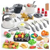 Zero Zoo 105Pcs Kids Kitchen Toy Accessories, Toddler Pretend BBQ Camping Cooking Playset, Play Pots, Pans, Utensils Cookware Toys, Play Food Set, Vegetables, Learning Gift for Girls Boys