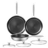 Innerwell 6 Piece Stainless Steel Frying Pan Set with Lids Cookware Set Nonstick Honeycomb Frying Pan Set 3pcs W/Stay Cool Handle Skillet Works Pan for Cooking with Induction Gas Stovetops