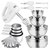 WEPSEN Hand Mixer Electric Mixing Bowls Set, 5 Speeds Handheld Mixer with 4 Nesting Stainless Steel Mixing Bowl, Measuring Cups Spoons 200W Kitchen Blender Whisk Beater Baking Supplies For Beginner