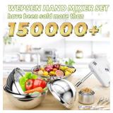 WEPSEN Hand Mixer Electric Mixing Bowls Set, 5 Speeds Handheld Mixer with 4 Nesting Stainless Steel Mixing Bowl, Measuring Cups Spoons 200W Kitchen Blender Whisk Beater Baking Supplies For Beginner