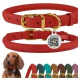 BronzeDog Rolled Leather Dog Collar with QR ID Tag, Adjustable Soft Round Collars for Small Medium Large Dogs Puppy (7\ - 10\in Neck Size, Classic Red)in