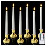 Meigic 6 Pcs Window Candles with Gold Holders, Flameless Taper Candles with Remote and Timer, White LED Christmas Candle for Home Window Holiday Xmas Decor