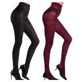ZIHUA 2 Pairs Semi Opaque 40 Denier Black Tights for Women, Ladder Resistant Burgundy Tights for Women Black Red S