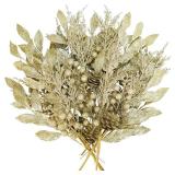 Winlyn 24 Pcs Christmas Glitter Artificial Leaf Picks Pine Needles Pinecone Berries Stems Champagne Glittered Christmas Tree Sprays for Holiday Floral Arrangements Centerpiece DIY Wreaths Garlands