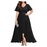 Plus Size Formal Dress Black Long Wedding Guest Elegant Evening Cocktail Party Prom Gala Sequin Lace Hi-Lo Gowns Women