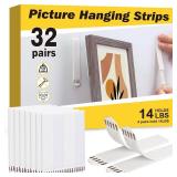 Fixwal Picture Hanging Strips, 32 Pairs(64 Strips) White Large Size 0.75\ x 3.6\in, Heavy Duty Picture Hanger Kit, Removable Damage Free Picture Hanging Hooks for Living Room Bedroomin