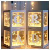Ledido 2026 Graduation Balloon Boxes Decorations, 4 Pieces White Clear Grad Balloon Boxes with Letters and Fairy Lights, Class of 2026 Graduation Party Supplies for College, Prom, Birthday, Baby Showe