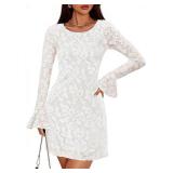 ZESICA Long Sleeve Mini Dresses for Women Spring Mesh Floral Crewneck Bodycon Wedding Guests Cocktail Party Short Dress White X-Large