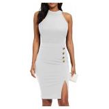 Womenfts Wear to Work Office Business Sheath Dresses Sleeveless Halter Neck Cocktail Knee Length Split Pencil Dress(01White,XX-Large)