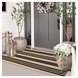 Sungea Striped Outdoor Front Door Mat 24\x51\in, Cotton Hand Woven Washable Black and Khaki Rug Runner, Reversible Foldable Indoor Layered Front Door Rugs for Entryway/Farmhouse/Home Entrancein
