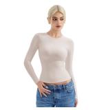 SUUKSESS Women Double Lined Fitted Basic Tee Shirts Crew Neck Long Sleeve Going Out Crop Tops (Padded Soft Sand, L)
