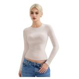 SUUKSESS Women Double Lined Fitted Basic Tee Shirts Crew Neck Long Sleeve Going Out Crop Tops (Padded Soft Sand, L)