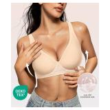 OEAK Womens Deep V Bras Wireless Comfortable Bra Supportive No Underwire Bras Tshirt Push Up Bralettes Plunge Seamless Bra Beige M