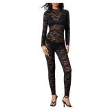 Gliswaieuznd Women Sexy Lace Jumpsuit Long Sleeve Mock Neck Mesh Sheer Bodycon Jacquard Playsuit One Piece Romper Jumpsuit (Black, M)