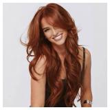 Jolelyne Copper Red Wig Wavy Layered Wig with Curtain Bangs Synthetic Long Ginger Wigs for Black White Women Long Wig Butterfly Haircut Reddish Brown