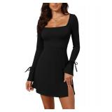 Aotasely Womenfts Sexy Square Neck Bodice Dresses Long Sleeve Side Slit A-Line Mini Dress Cocktail Party Club Dress Black
