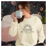 Sulayesh Christian Be The Light Sweatshirts for Women Religious Faith Jesus Bible Verse Graphic Shirts Loose Pullover Tops (Apricot,S)
