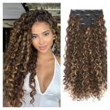 Clip in Hair Extensions, FLUFYMOOZ 4PC 100? Pure Protein Silk Hair Extensions Long Soft Natural Hairpiece 20 Inch Curly Hair Extension for Women (Dark Golden Brown with Highlight)