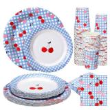 LemonRoad 100 Pieces Cherry Blue Gingham Paper Plates, Cups Napkins Set Cherry Party Supplies 25 Pcs 9\ 25 Pcs 7\in Plates, 25 Cups, 25 Napkins for Parties, Picnics, Birthdays, Baby Showersin