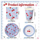 LemonRoad 100 Pieces Cherry Blue Gingham Paper Plates, Cups Napkins Set Cherry Party Supplies 25 Pcs 9\ 25 Pcs 7\in Plates, 25 Cups, 25 Napkins for Parties, Picnics, Birthdays, Baby Showersin