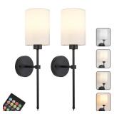 Battery Operated Wall Sconces Set of Two,Wireless Rechargeable Wall Light With Remote Control, Dimmable, Amber Light/Warm White/Natural White/Daylight/RGB, Timer,for Living Room,Bedroom,Entryway,Black