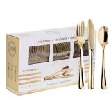 N9R 300PCS Gold Plastic Silverware, Heavy Duty Gold Plastic Cutlery Set Disposable Flatware Dinnerware, 100 Forks, 100 Spoons, 100 Knives, Perfect for Party, Wedding and Daily Use