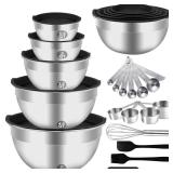 WEPSEN Mixing Bowls Set, 25PCS Stainless Steel Mixing Bowl with Lid Set, Large Nesting Bowls 7, 4.5, 3,2, 1.5QT, Measuring Cups and Spoons Baking Utensils Metal Bowl for Kitchen Prep