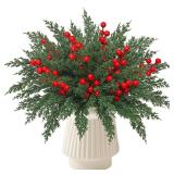 Weldomcor Christmas Artificial Pine Branches 60 Pcs Faux Norfolk Pine Stems with Red Berries, Xmas Fake Greenery Cedar Stems Plants Evergreen Picks DIY Christmas Decorations Holiday Home Table Decor