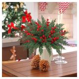Weldomcor Christmas Artificial Pine Branches 60 Pcs Faux Norfolk Pine Stems with Red Berries, Xmas Fake Greenery Cedar Stems Plants Evergreen Picks DIY Christmas Decorations Holiday Home Table Decor