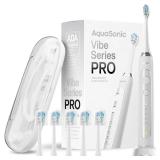 Aquasonic Vibe Series PRO  Ultra-Whitening Electric Toothbrush  5 Modes and Smart Timers  Premium Travel Case and 6 Proflex Brush Heads  ADA Accepted Toothbrush (Optic White)