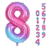 40 Inch Rainbow Foil Balloon Number 8, Giant Self Inflating Gradient Blue Pink Number Balloons 0-9 for Women, Starry Print 8 Helium Balloons Set for Girls 8th Birthday Party Decorations Supplies