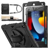 SEYMAC stock Case for iPad 9th/ 8th/ 7th Generation 10.2ftft, Shockproof with Screen Protector, Pencil Holder [360° Rotating Hand Strap] and Stand, for iPad 10.2 inch 2021-2019 (Black)