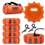 Ecoangel USB-C Rechargeable LED Road Flares Emergency Lights-Large Capacity (Lithium Battery) 3 in 1 Cable Roadside Warning Car Safety Beacon Flashing Disc Flare Kit with Magnetic Base for Vehicles