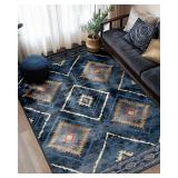 Area Rug 5x7 Rug Machine Washable Non-Slip Low Pile Print Pattern Western Rug for Living Room Bedroom Entryway Tribal Series -Darkblue