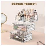 Rosoenvi Makeup Organizer for Vanity, Stackable Cosmetics Organizer and Storage, Cosmetic Display Cases with 2 Drawers and 1 Tray for Makeup Brush, Hair Accessories, Lipstick and Jewelry, Clear