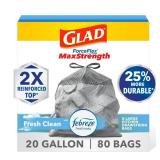 Glad ForceFlex MaxStrength Kitchen Trash Bags, 20 Gal, Fresh Clean Febreze, 80 Ct (Package May Vary)