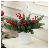 HOMCDALY Christmas Artificial Pine Branches with Red Berry and Pinecone for Tabletop Christmas Decorations, Fake Plants with Ceramic Pot, Small Chritstmas Tree for Home Décor, Christmas Decor Indoor